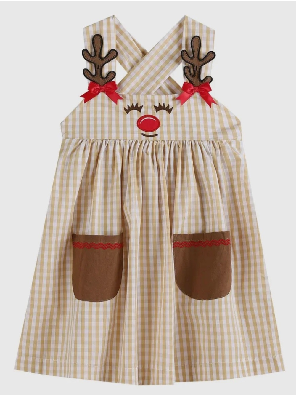 Girls' Beige Gingham Reindeer Pinafore Dress with Red Accents